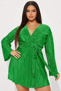 Amazon women's  spring new high-waisted long sleeve solid color backless tie-up pleated asymmetrical dress