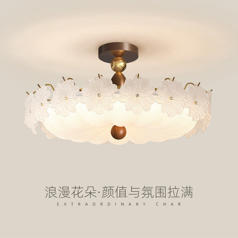 French retro embossed glass flower round ceiling light - walnut wood, soft light, cream style - perfect for kids' rooms and bedrooms