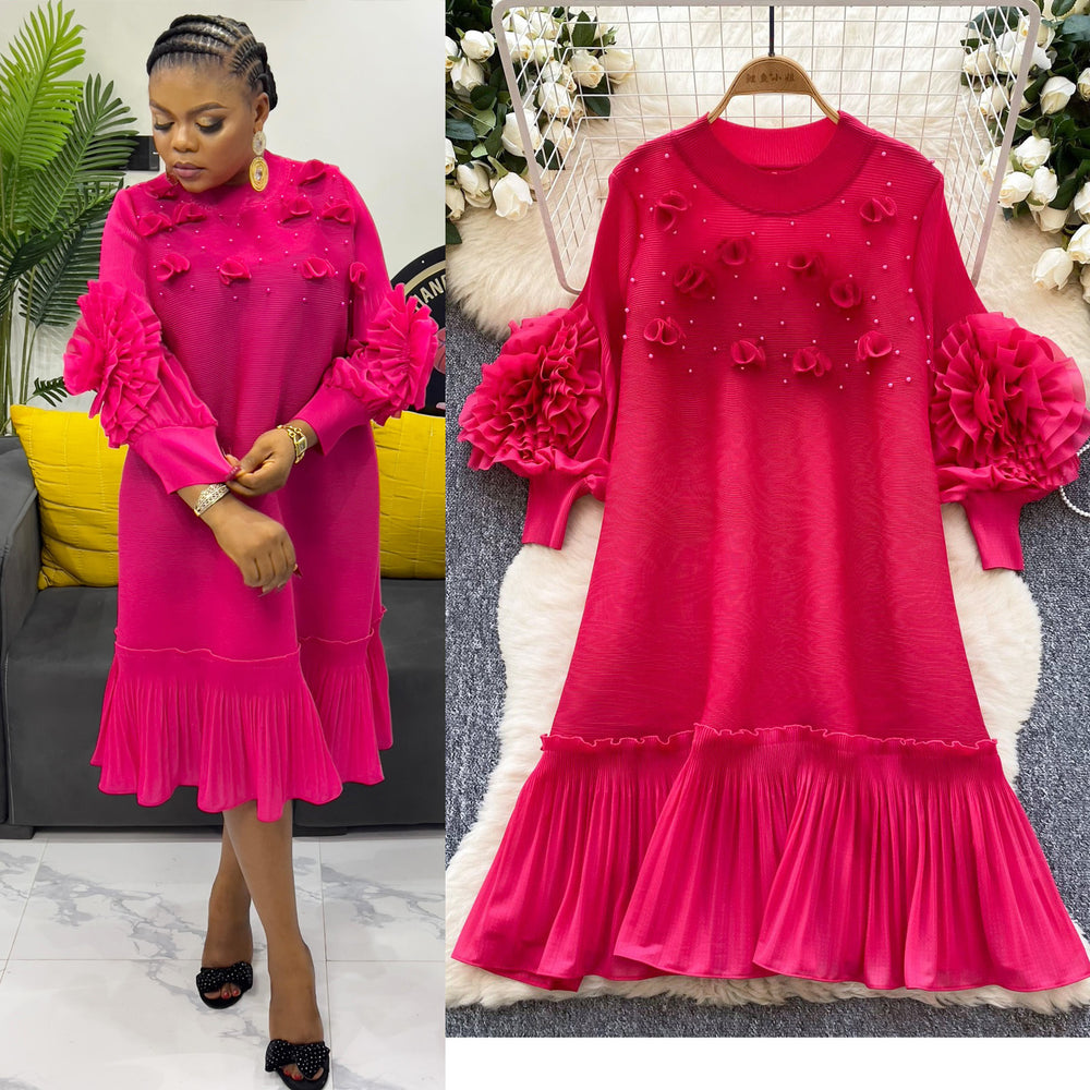 Miya pleated socialite style high-end dress - women's spring pleated 3d floral loose design elegant maxi dress