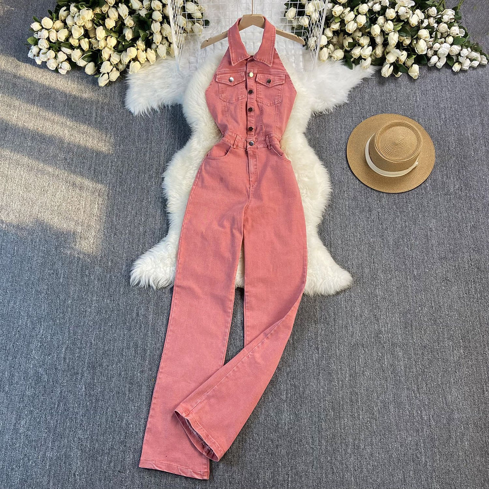 Summer denim jumpsuit for women, european and american style, elegant halter neck, sleeveless, open back, high waist, slimming and figure-flattering denim jumpsuit