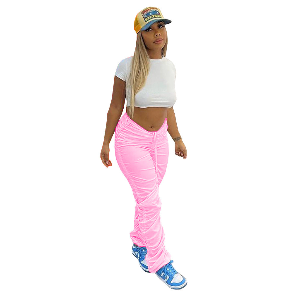 Fashion cross-border   new arrivalpure color elastic fabric pleated drawstring micro-flared sports casual pants