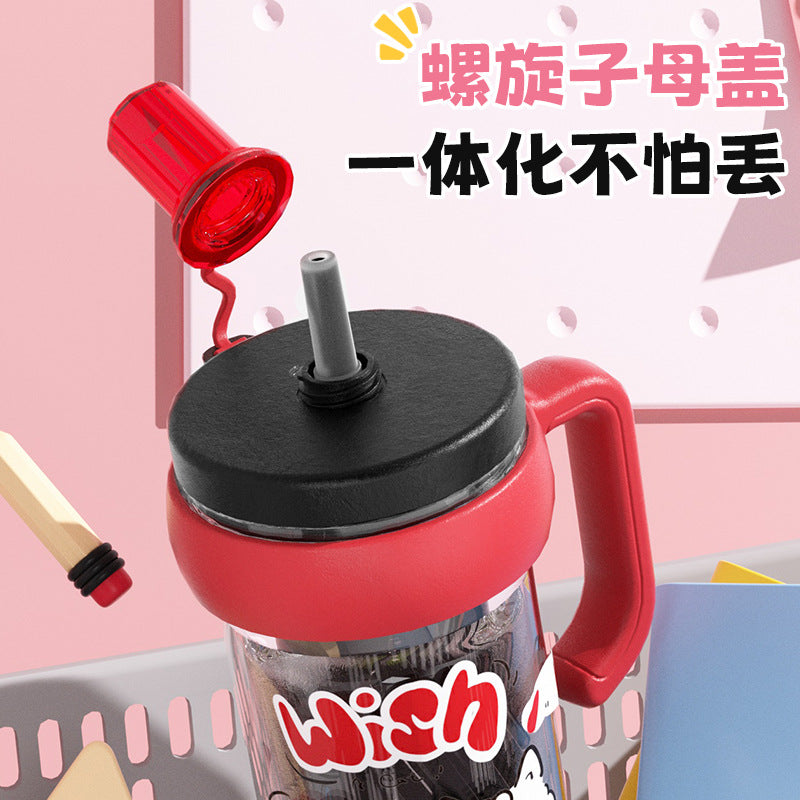 New arrival cartoon jumbo ice cup straw coffee cup large capacity with tea drain high temperature resistant handle straw water cup