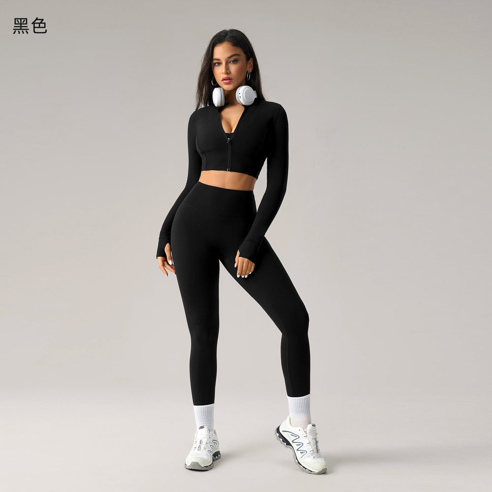 Fashion cross-border nude long sleeves yoga fitness suit women's back sports intimateshigh waist hip lifting tight nine-point pants