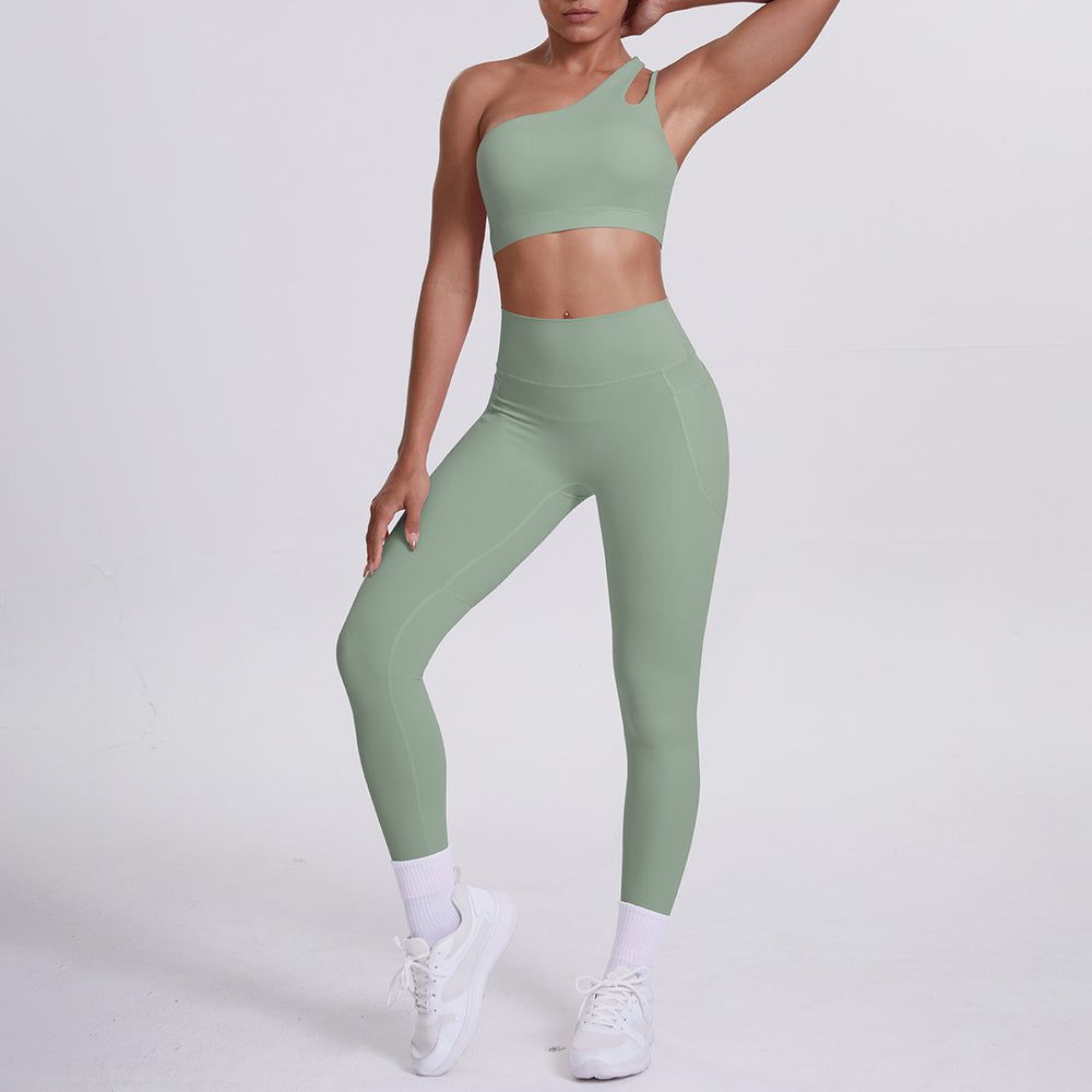 fashion double-sided brocade brushed single oblique shoulder yoga suit sports running fitness flap pocket pants pants two-piece set