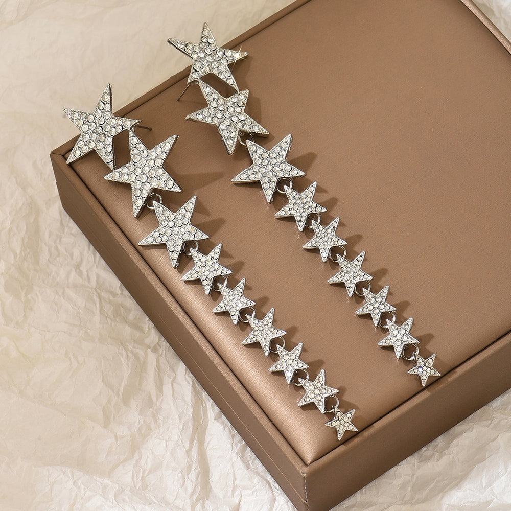 European and american fairy star long tassel earrings - unique, elegant, high-end, full diamond five-pointed star multi-layer dangle earrings jewelry