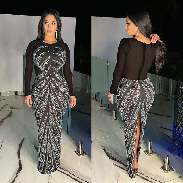 K3189 European and American, hot drilling perspective splicing hip-wrapped elastic rear split dress