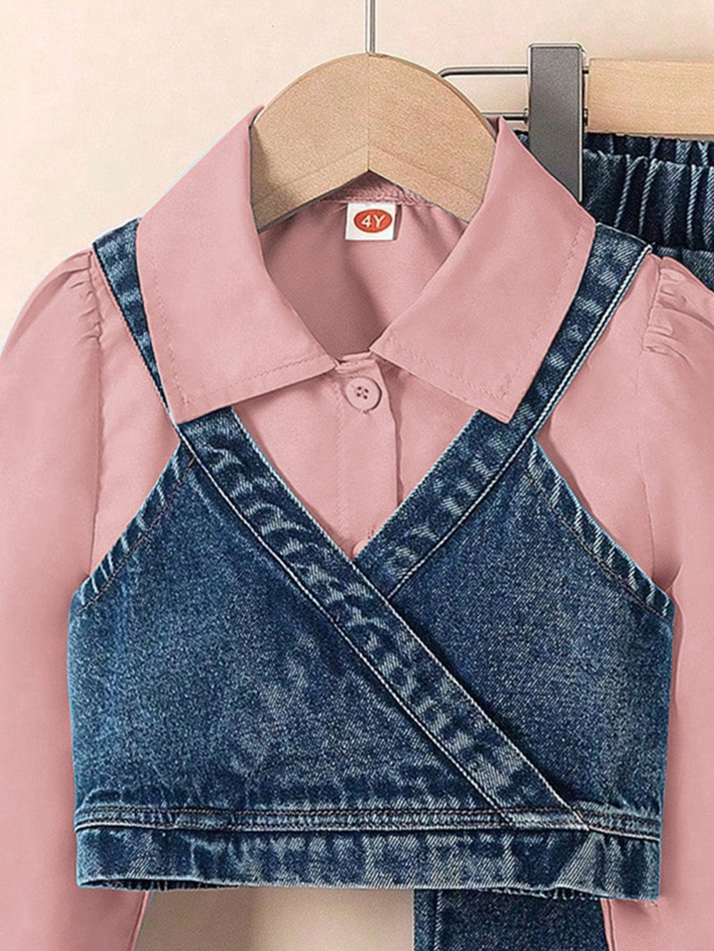 new autumn cross-border girls' collared shirt, denim vest, beaded denim flare pants three-piece set
