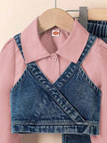 new autumn cross-border girls' collared shirt, denim vest, beaded denim flare pants three-piece set