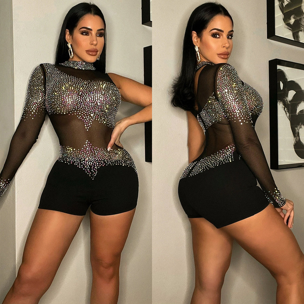 C5841 cross-border new arrival:  fashionable european and american sexy bodycon nightclub one-sleeve mesh see-through jumpsuit for women