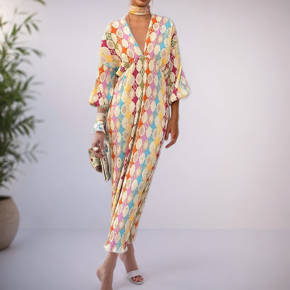 cross-border e-commerce european and american women's clothing: new summer collection - elegant and chic printed v-neck lantern sleeve midi dress