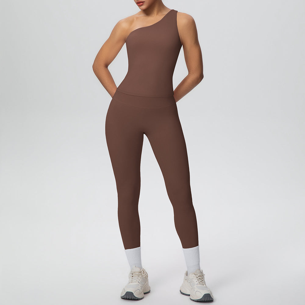 New arrival cross-border double-sided brushed nude tight one-shoulder vest sports suit running fitness yoga clothes two-piece set