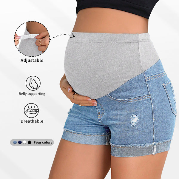 2025 European and American  new simple fashion casual summer high waist support adjustment ripped pregnant women denim shorts