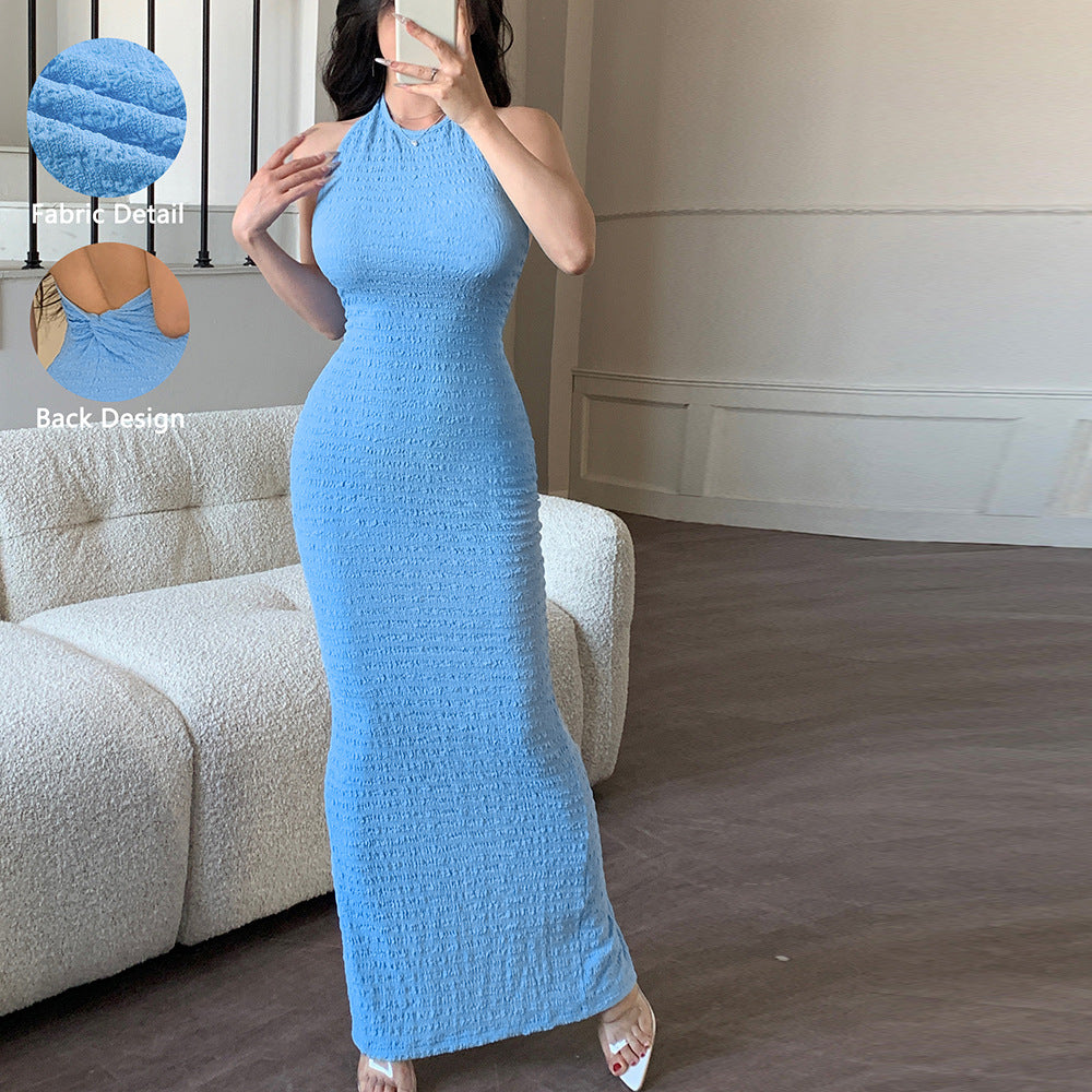 Self-designed European and American hot-selling women's clothing independent station 2025 summer new solid-color neck kink long dress