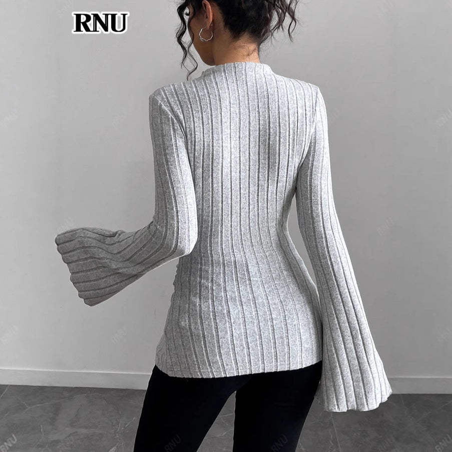 Fashion cross-border  spring new arrival pit half turtleneck silm elegant women's inner bell sleeve bottom shirt