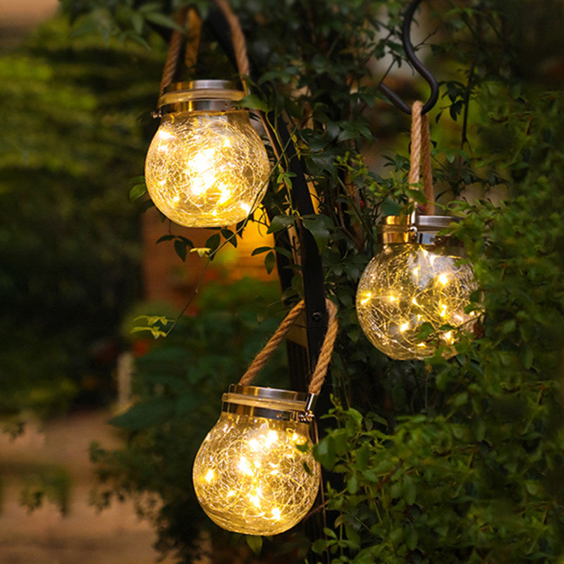 Solar powered outdoor waterproof crackle jar lights - hanging lanterns for balconies, gardens, yards, trees, and walkways