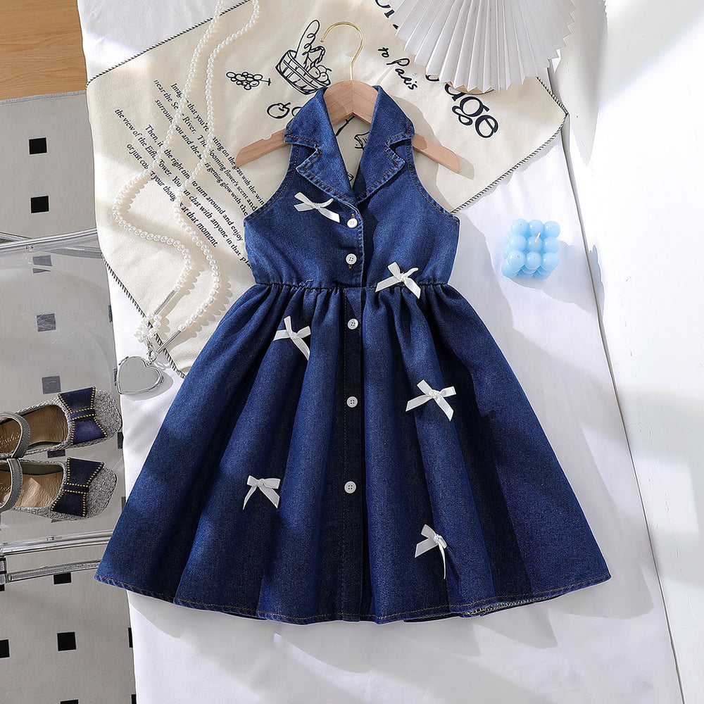 new cross-border european and american style girls' halter denim collar dress with denim bow detail