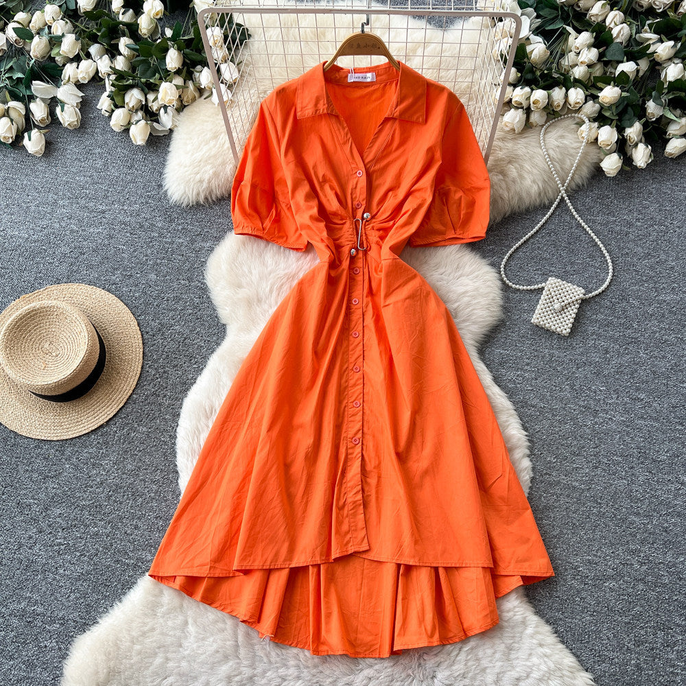 Commuting style polo collar short-sleeved shirt dress women's summersense of design waist slimming look a-line skirt summer