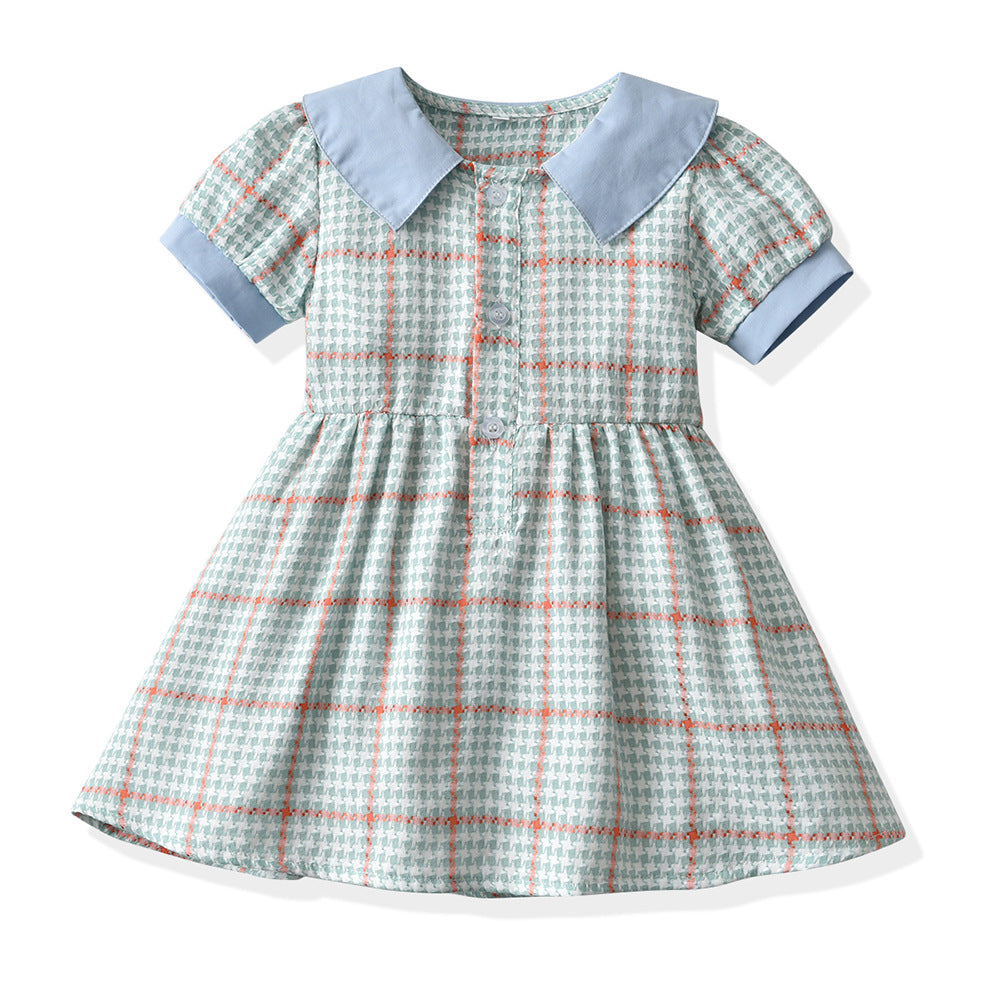 Girls' vintage cotton plaid dress - french collar, kids' & baby summer  new arrival, short sleeve princess dress