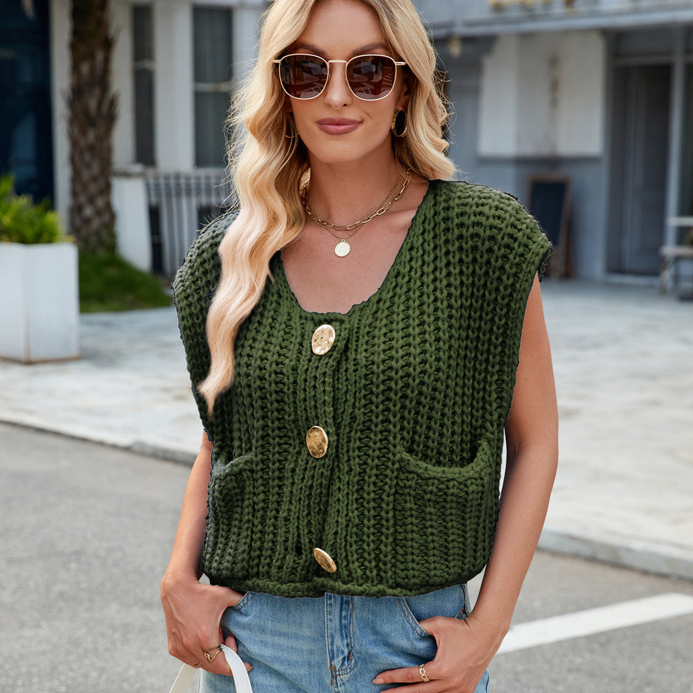 Fashion cross-border women's clothing  independent station new v-neck three-button sleeveless cardigan sweater vest