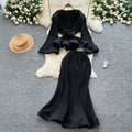 Feminine outfit with sense of design, western style, strappy waist, flared sleeves, pleated tops, high waist, hip-covering fishtail skirt