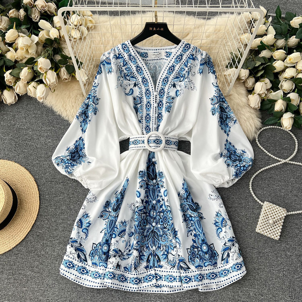 European and american retro court style high-end printed v-neck lantern sleeve cinched waist slimming elegant single-breasted socialite dress