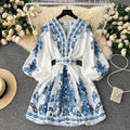 European and american retro court style high-end printed v-neck lantern sleeve cinched waist slimming elegant single-breasted socialite dress