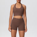 New arrival cross-border pure color double-sided brushed tight haltershorts yoga suit sports running fitness two-piece set
