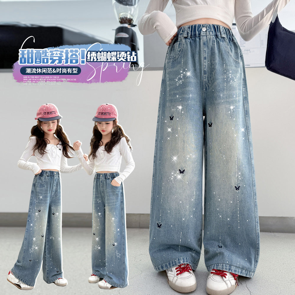 Girls' denim jeans - new spring/autumn collection, rhinestone embellished,  stylish design, straight leg, embroidered detailing, trendy wide leg style for mid-to-large sized children