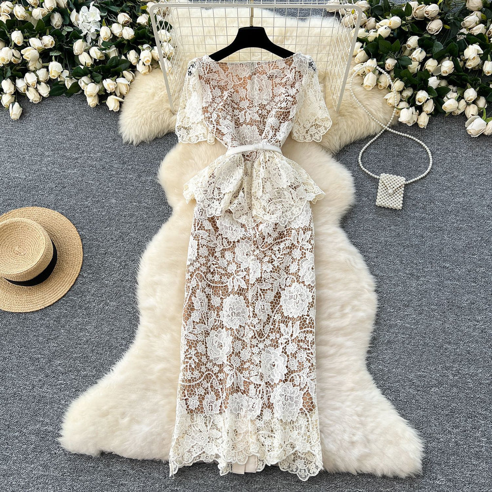 Classy sense of fragrance dress for women frenchelegance diamond-breasted silm lapel short-sleeved cut outlacedress