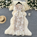 Classy sense of fragrance dress for women frenchelegance diamond-breasted silm lapel short-sleeved cut outlacedress