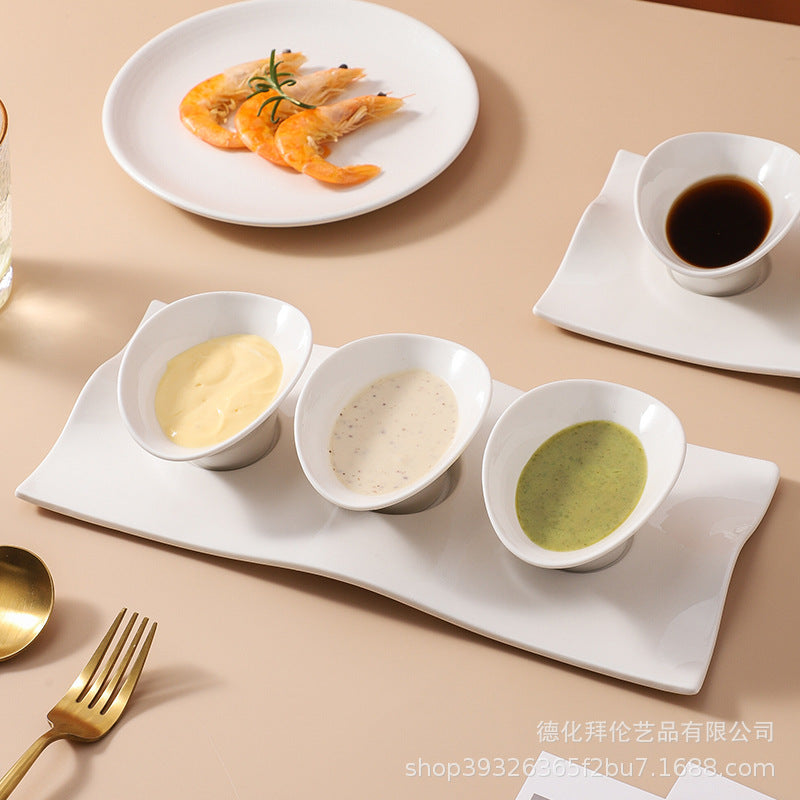 Creative irregular white ceramic sauce dish with tray, sauce bowl, hotel tableware, restaurant-grade cold dish bowl