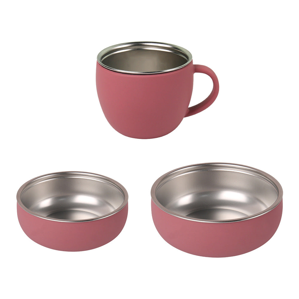 Children's stainless steel 304 silicone tableware set Baby feeding bib Wooden handle Fork spoon Plate bowl Cup 7-piece set