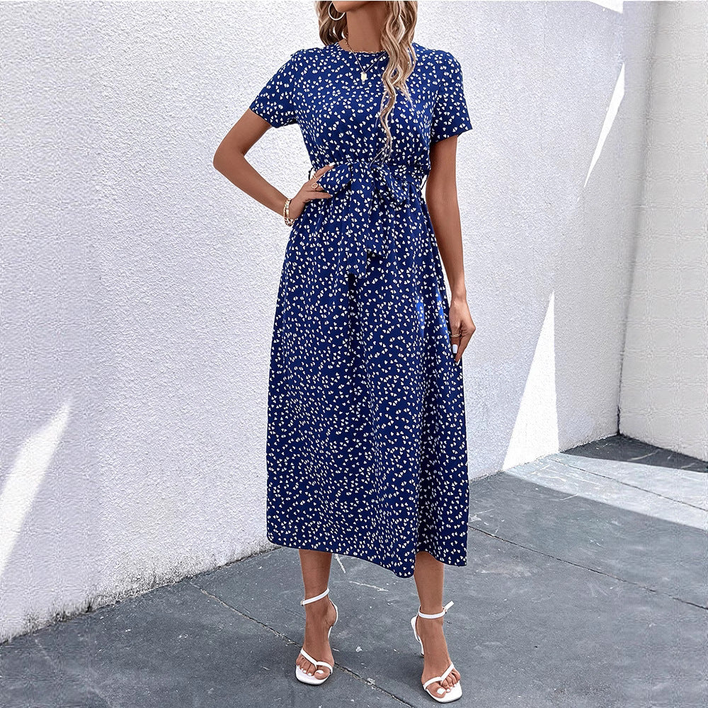 european and american women's clothing    independent autumn short-sleeve floral print v-neck midi dress