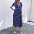 european and american women's clothing    independent autumn short-sleeve floral print v-neck midi dress