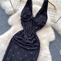 Elegant black v-neck halter dress - women's summer korean style hotfix rhinestone waist slimming maxi dress - high-end
