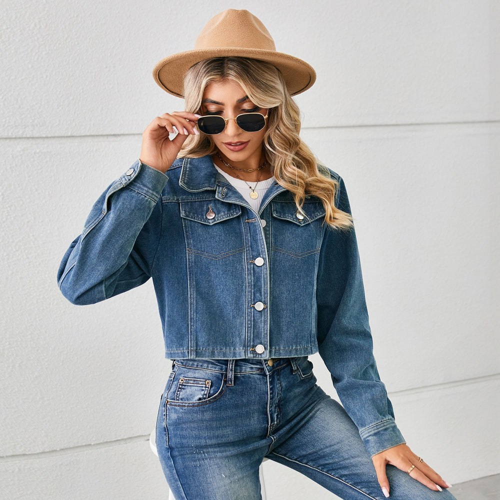 American hot girl   new cross-border export washed denim cropped jacket top long sleeve women's