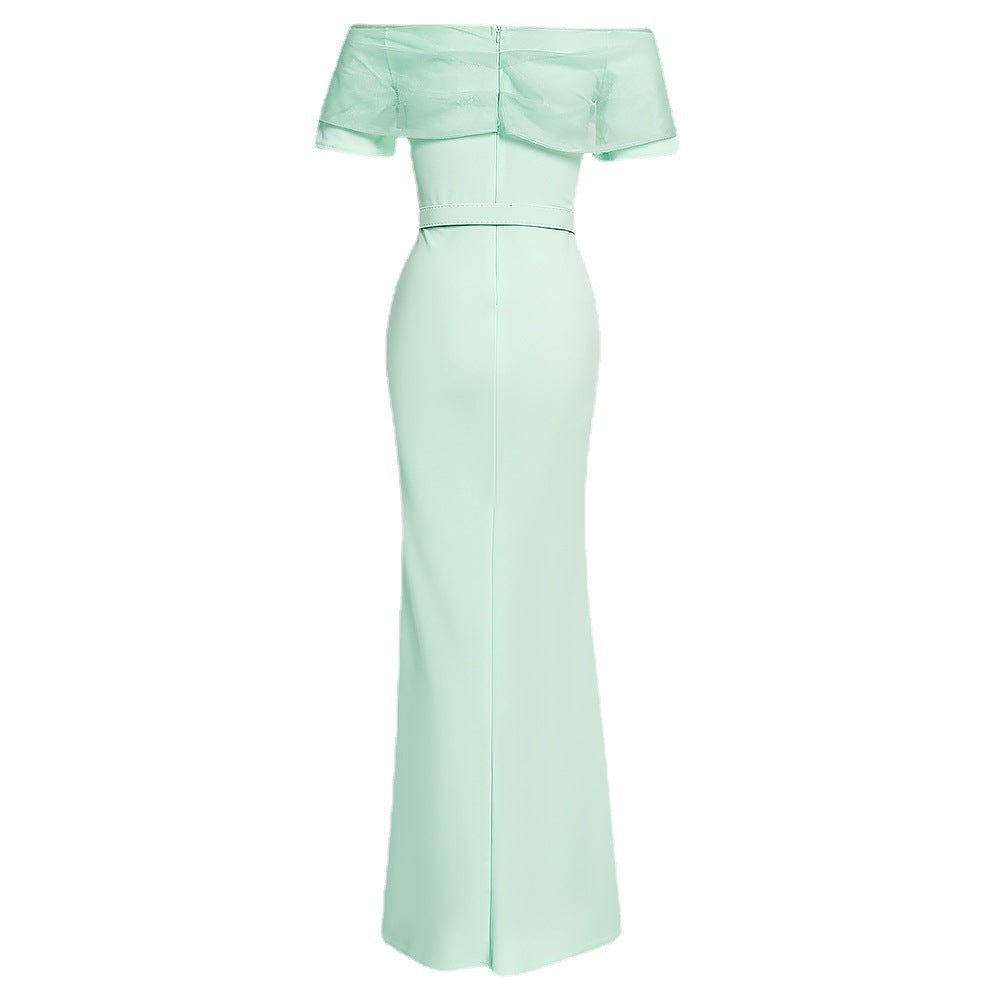 African foreign trade   women's plus size mesh off-the-shoulder ol commute sexy slit dress