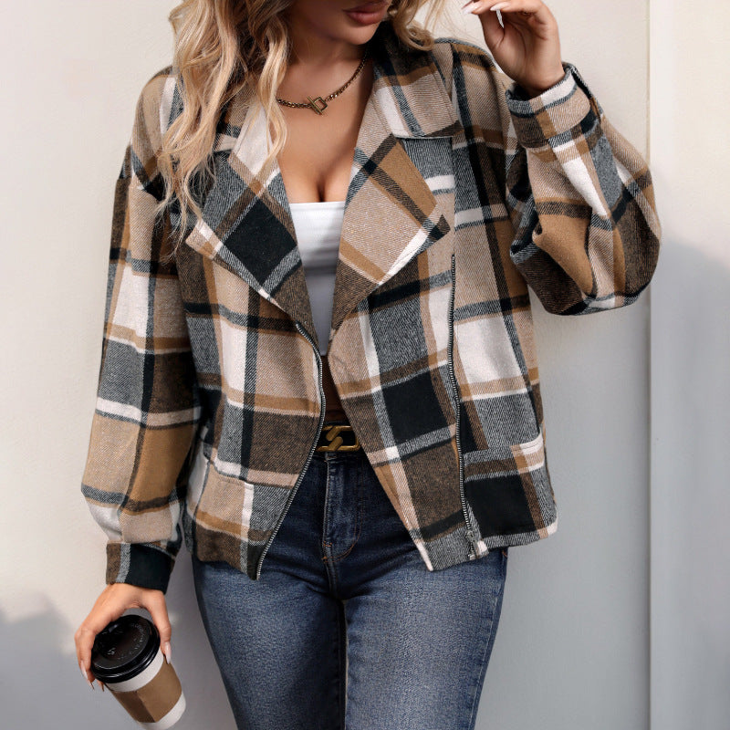 European and American  2025 new autumn and winter  casual retro polished cardigan lapel plaid European and American women's coat