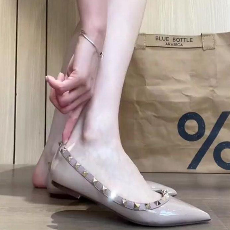 2024new arrival spring and summer studded flats shoes shallow patent leather willow soft bottom boat shoes flats shoes women's pointed toe flats women