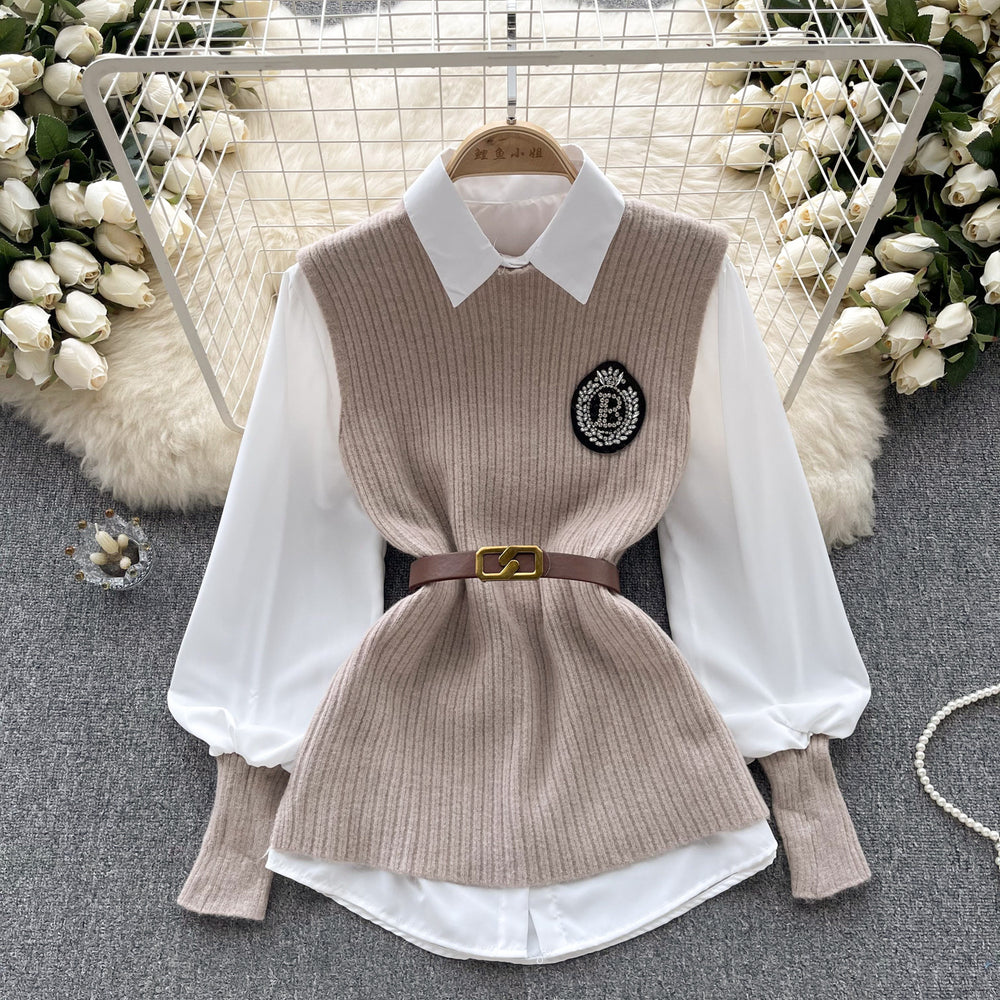 Preppy chic: women's luxury-inspired outfit set - solid color, relaxed fit long sleeve blouse + knit vest (autumn/winter)