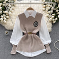 Preppy chic: women's luxury-inspired outfit set - solid color, relaxed fit long sleeve blouse + knit vest (autumn/winter)