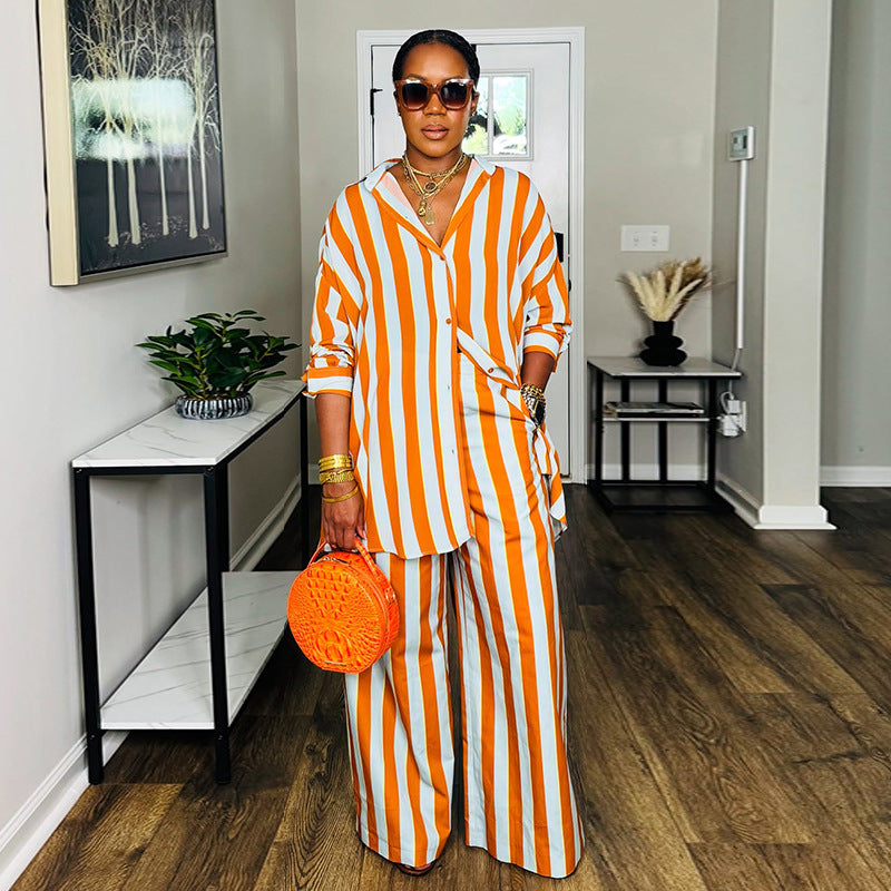 European and american style women's clothing  autumn new collection: sweet and fresh striped turn-down collar long-sleeve shirt and high-waisted straight-leg pants two-piece set