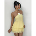 Women's summer fashion elegant 3d floral embellished sexy low-rise backless ruffle hem mini dress