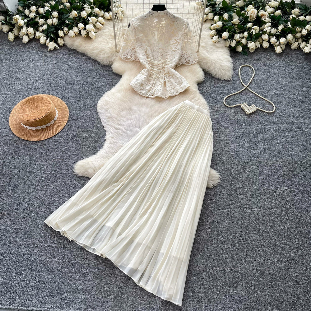 French chic v-neck lace embroidered top & high-waisted pleated skirt two-piece set - elegant & slimming summer outfit