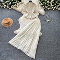 French chic v-neck lace embroidered top & high-waisted pleated skirt two-piece set - elegant & slimming summer outfit