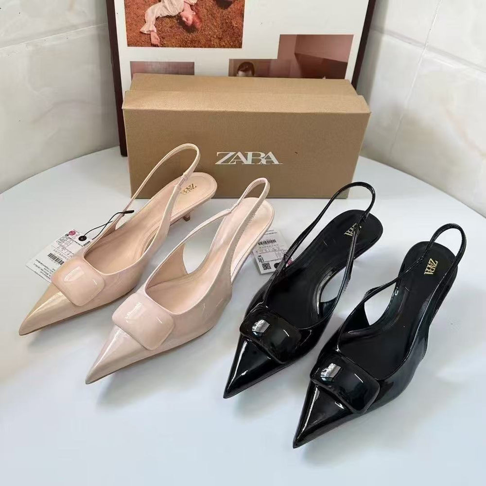 Zar spring new arrivals: women's black patent leather square buckle slingback mules, low-cut work shoes, and cat-heel sandals