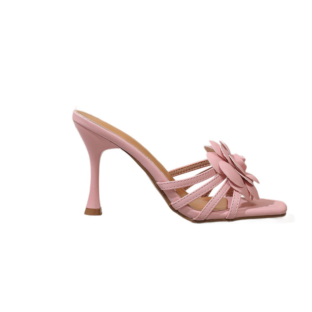 Yujie style pink rose flower high heel sandals women's stiletto heel square toe open toe fashionsweet style easiest for match sandals