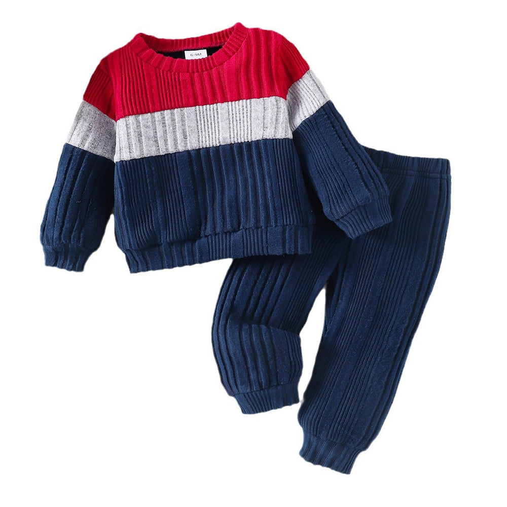 Children's clothing tops+pants suit baby long sleeves color matching tops+pure color pants
