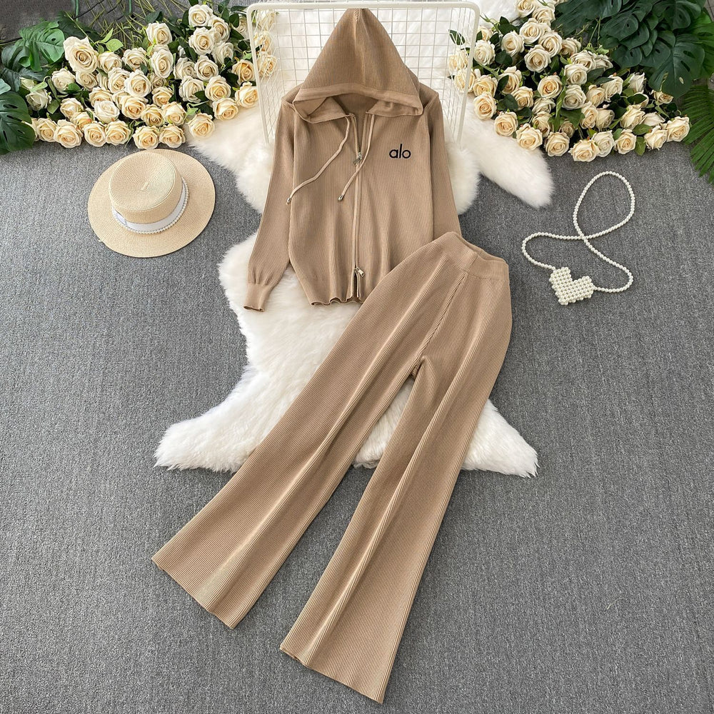 Women's casual activewear two-piece set: fall/winter letter embroidered zip-up hoodie knit sweater jacket & wide-leg pants