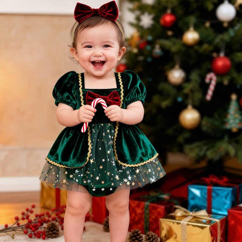 Baby girl christmas gold sequin velvet patchwork mesh romper dress